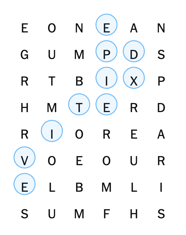 A clicked word's path marked with rings on the Strands board