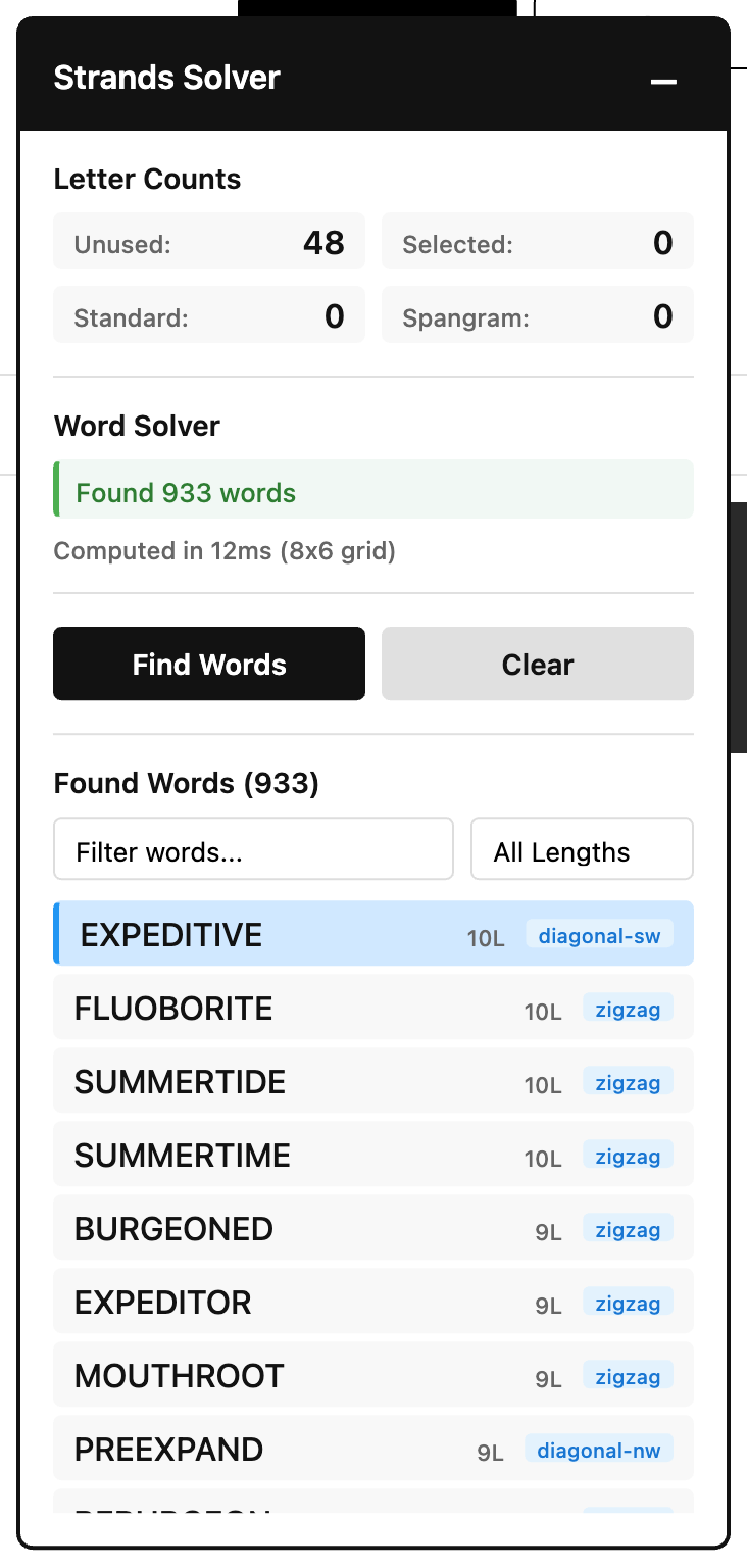 The Strands Solver sidebar showing letter counts and 933 words found on the day's board, sorted longest first with length and direction tags