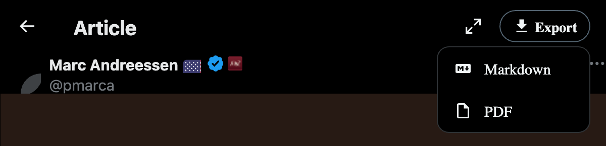 The Export dropdown open on an X article, with Markdown and PDF options