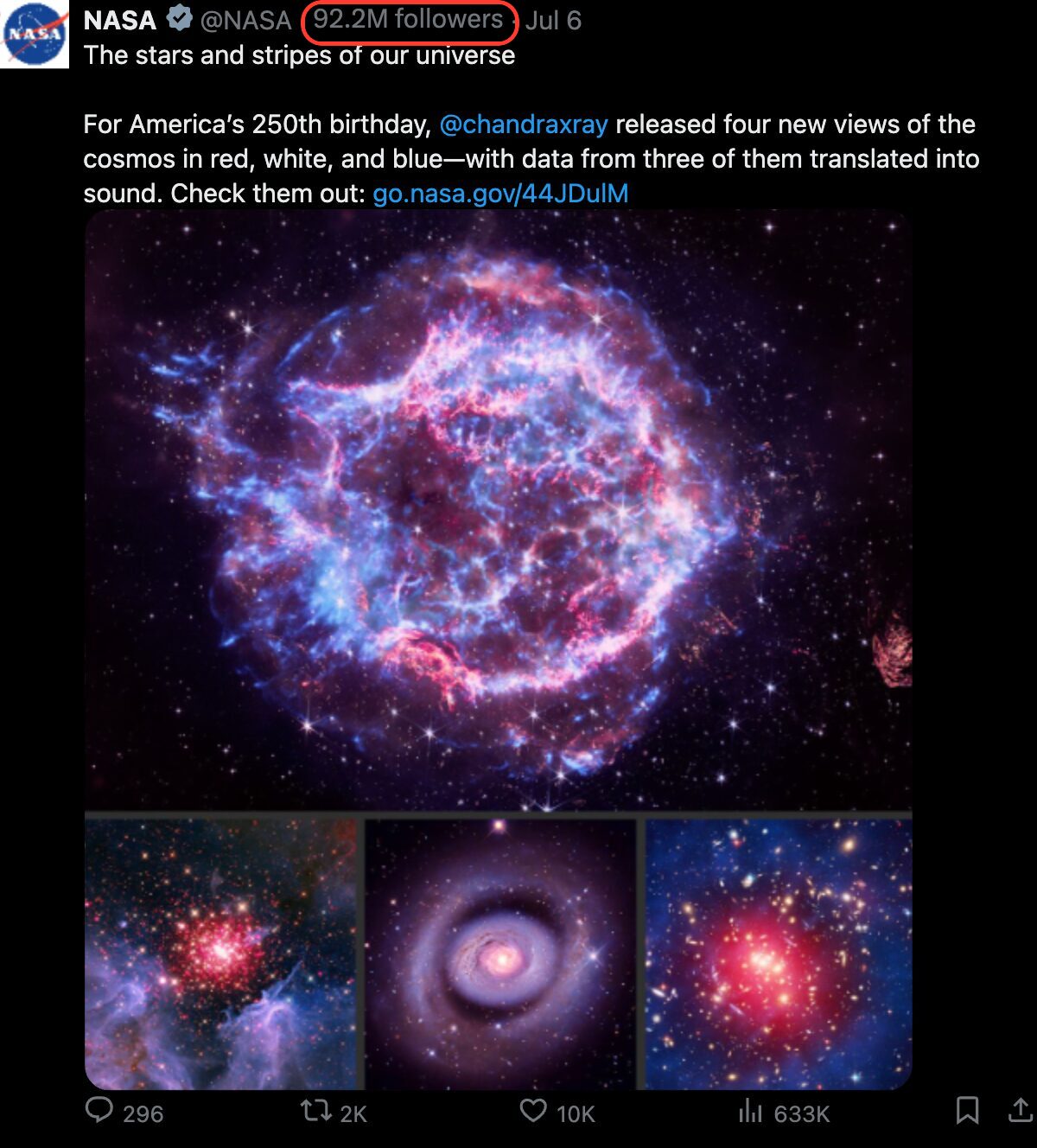 A NASA post on X with the follower count badge reading 92.2M followers between the handle and the date