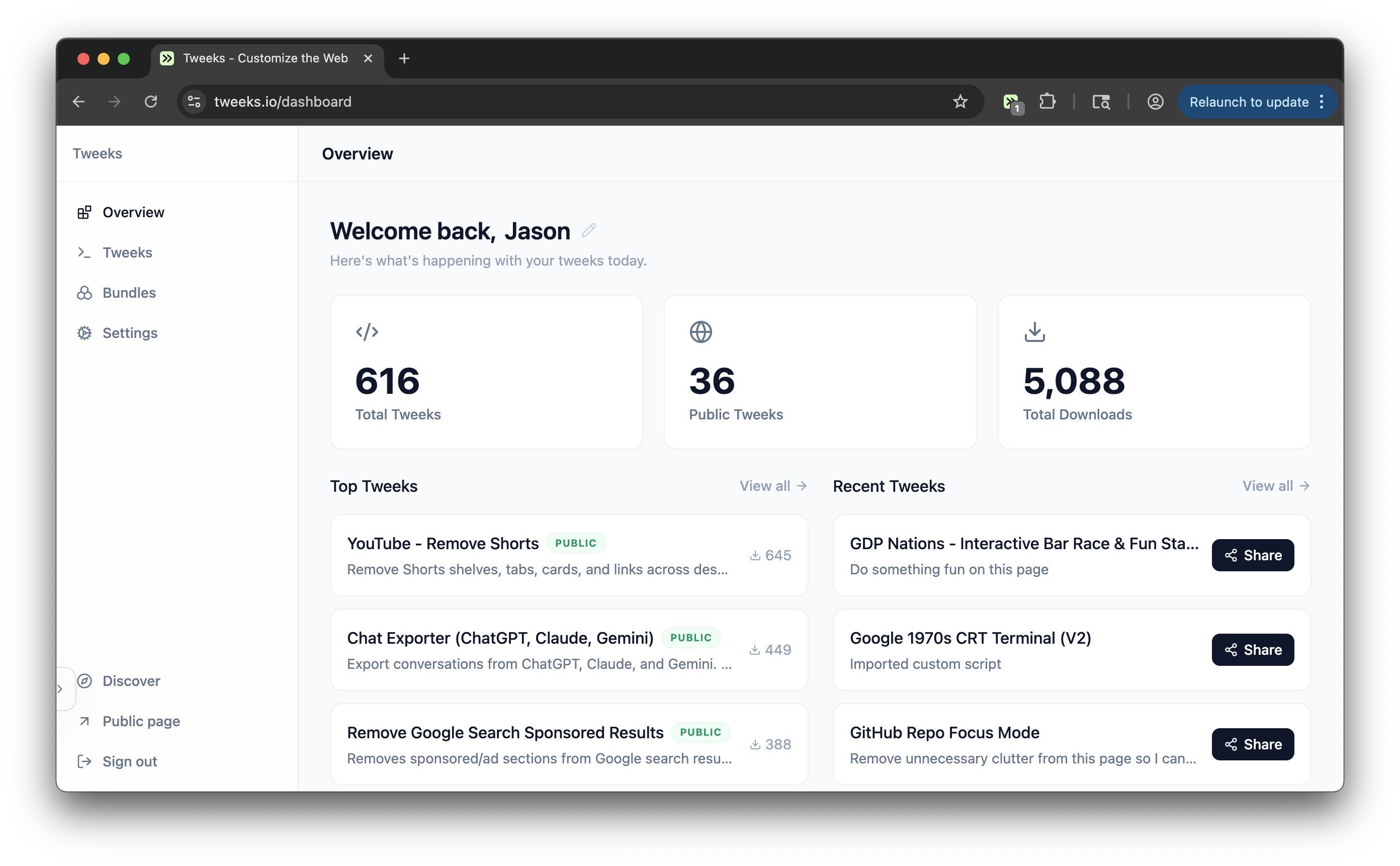 The new profile dashboard showing a user's scripts and bundles