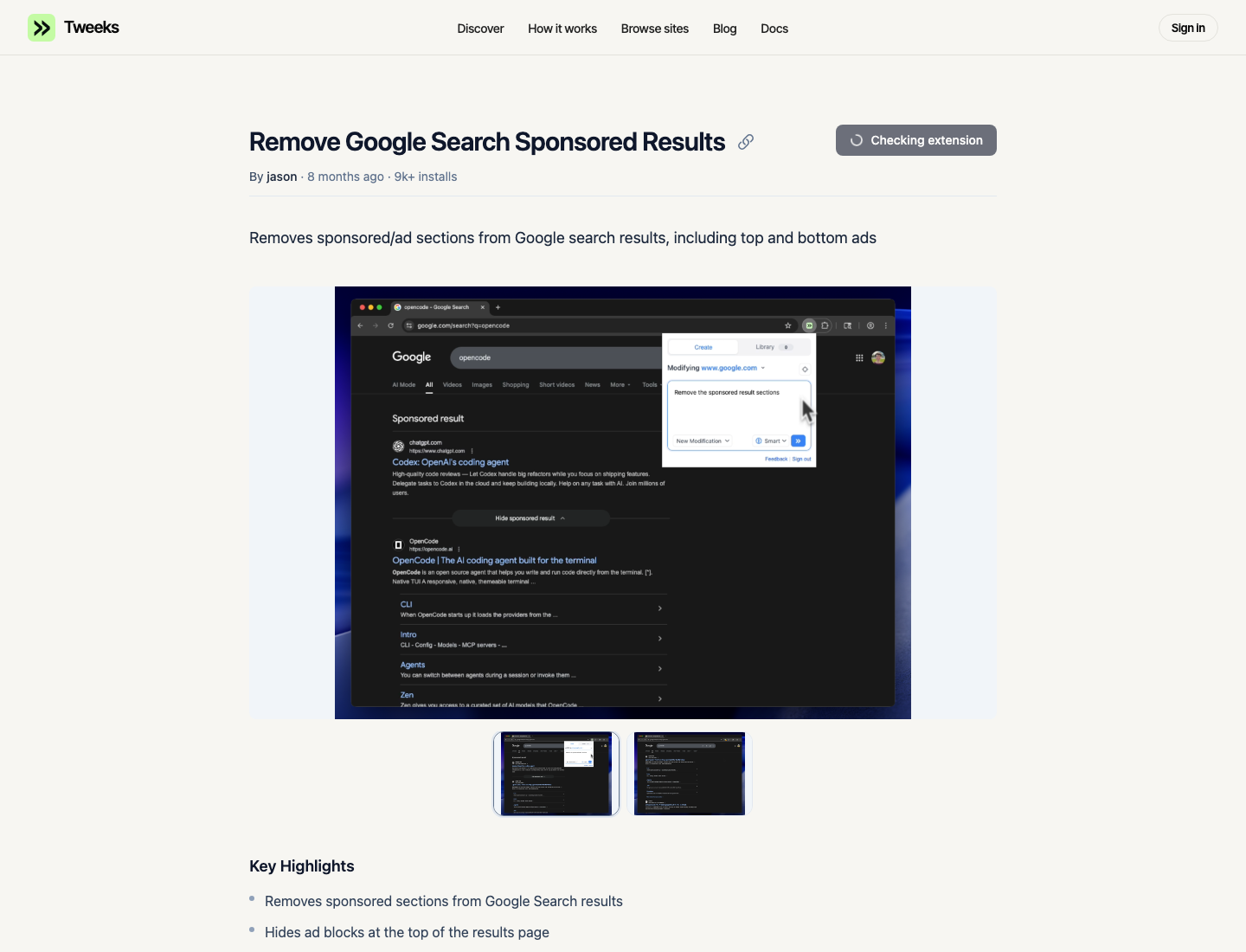 The redesigned shared tweek page with description, screenshot gallery, and key highlights